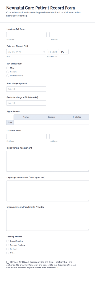 Neonatal Care Patient Record Form Template