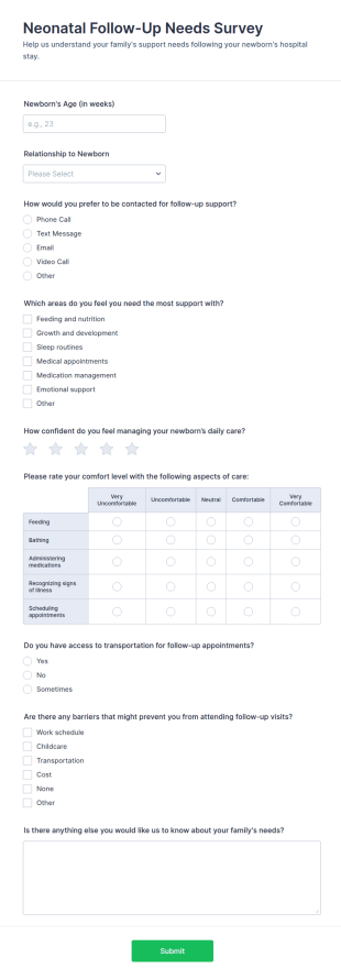 Neonatal Follow Up Needs Survey Form Template