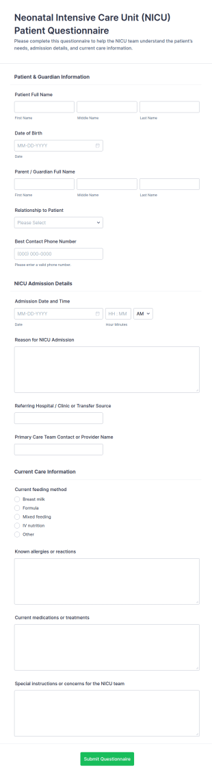 Neonatal Intensive Care Unit (NICU) Patient Questionnaire Form Template