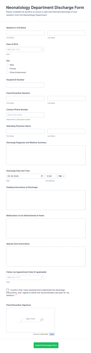 Neonatology Department Discharge Form Template