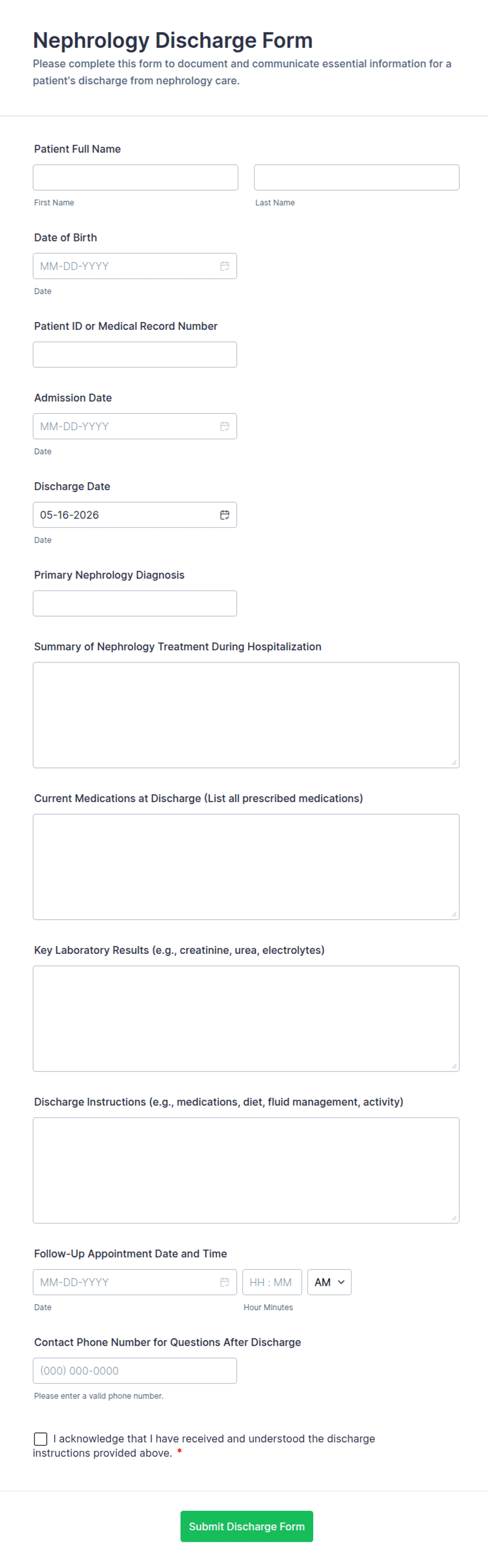 Nephrology Discharge Form Template | Jotform