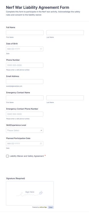 Nerf War Liability Agreement Form Template