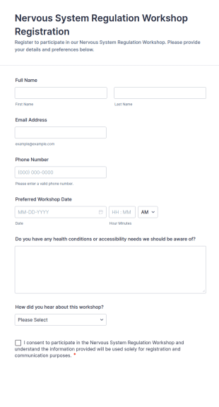 Nervous System Regulation Workshop Registration Form Template