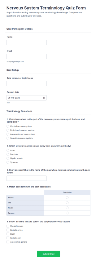 Nervous System Terminology Quiz Form Template