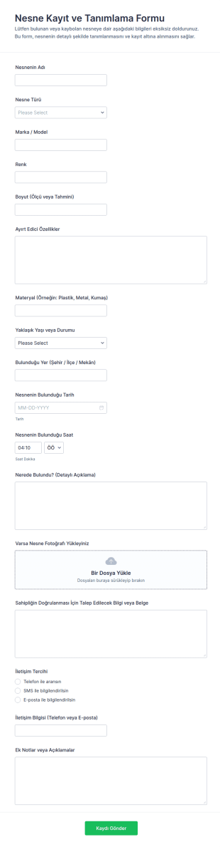 Nesne Tanımlama Form Şablonu