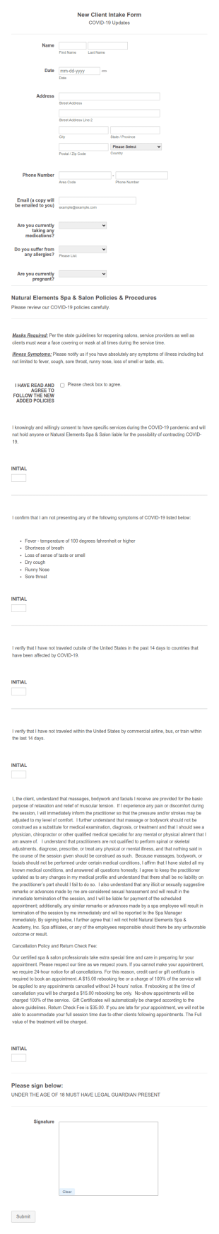 NESS New Guest & COVID 19 Consent Form Template