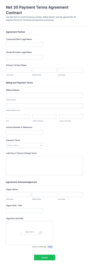 Net 30 Payment Terms Agreement Contract Form Template