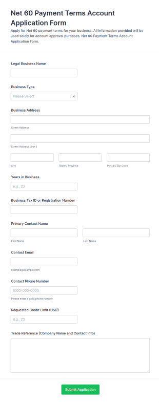 Net 60 Payment Terms Account Application Form Template