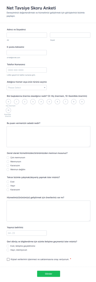 Net Tavsiye Skoru Anketi Form Şablonu