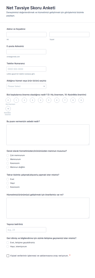 Net Tavsiye Skoru Anketi Form Şablonu