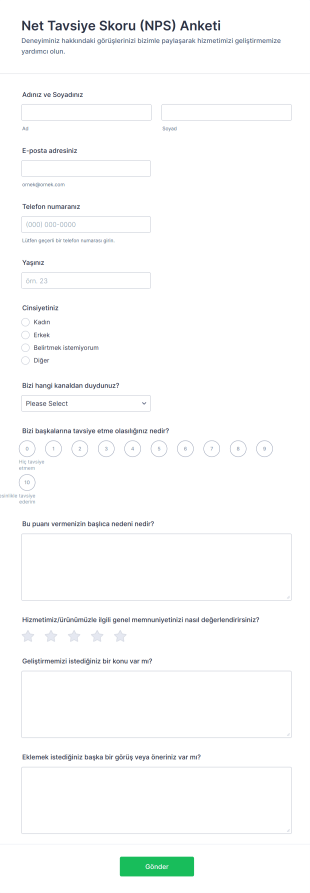 Net Tavsiye Skoru (NPS) Anketi Form Şablonu