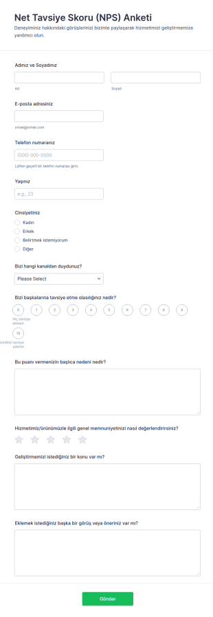 Net Tavsiye Skoru (NPS) Anketi Form Şablonu