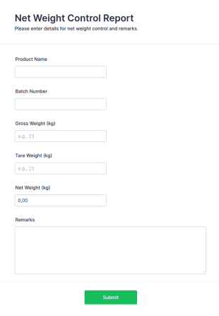 Net Weight Control Report Form Template