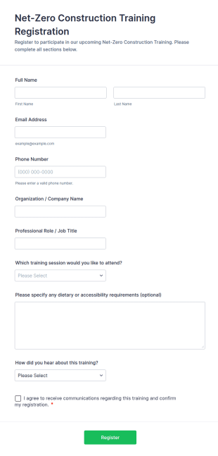 Net Zero Construction Training Registration Form Template