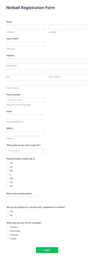 Netball Registration Form Template