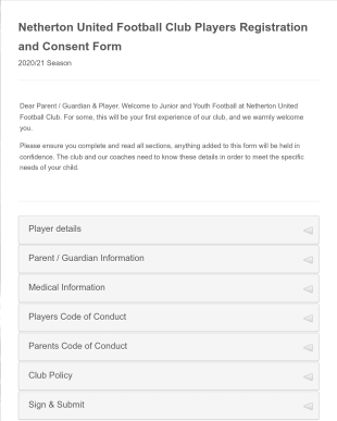 Netherton United Football Club Players Registration & Consent Form Test Form Template