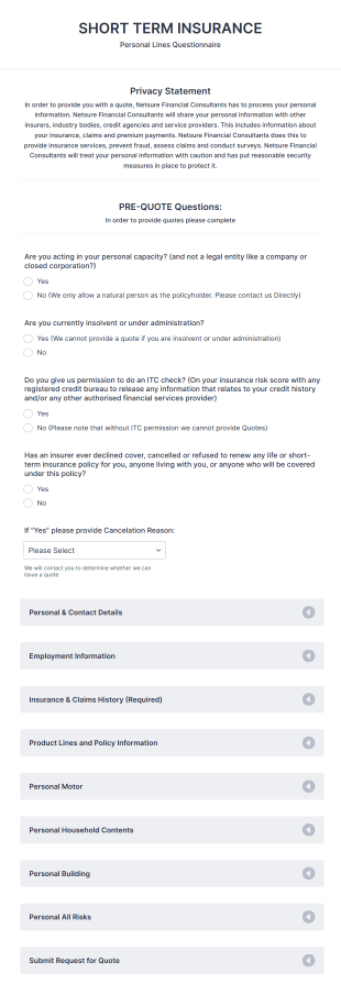 Personal Lines Insurance Questionnaire Form Template