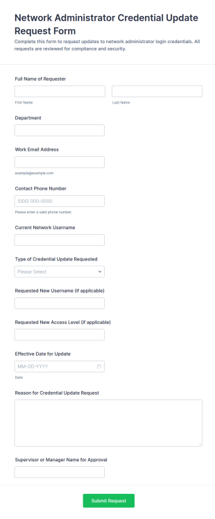 Network Administrator Credential Update Request Form Template