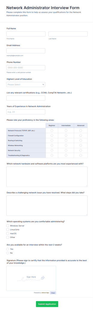 Network Administrator Interview Form Template
