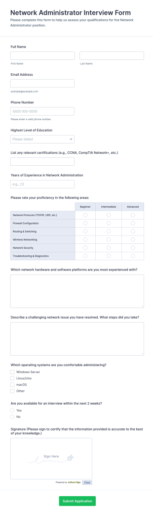 Network Administrator Interview Form Template