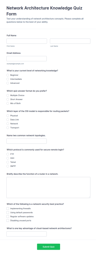 Network Architecture Knowledge Quiz Form Template