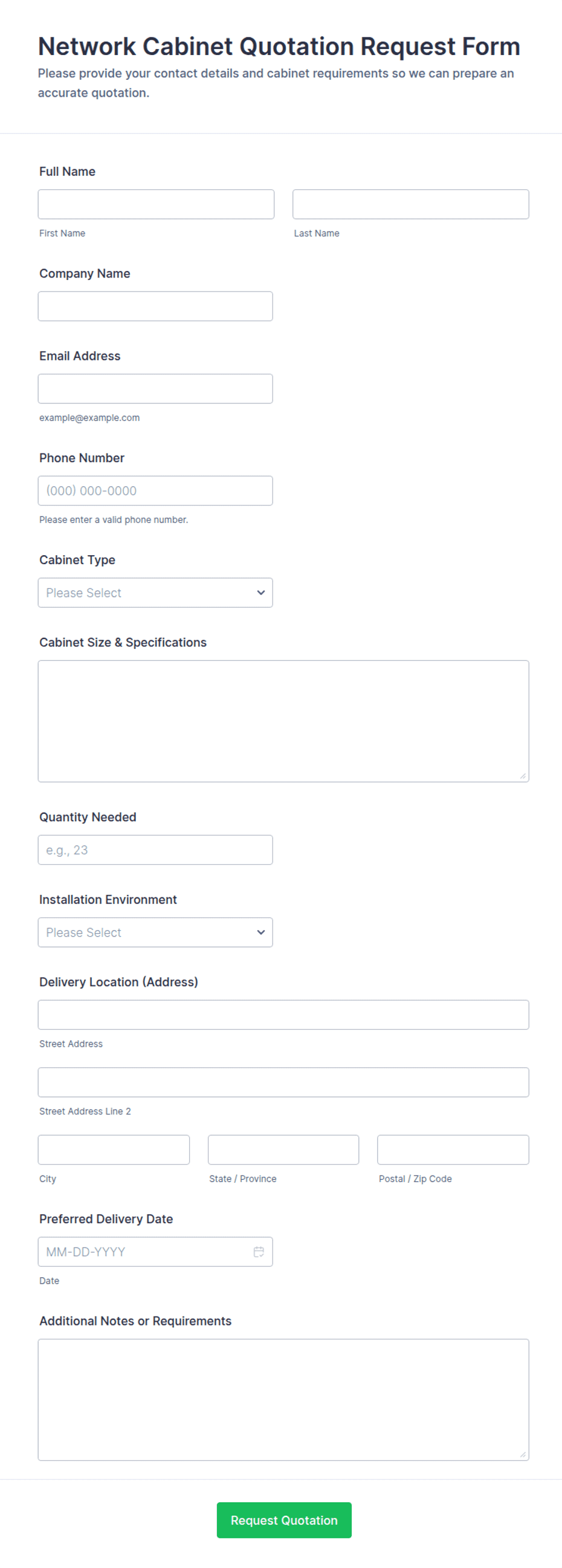 Network Cabinet Quotation Request Form Template | Jotform