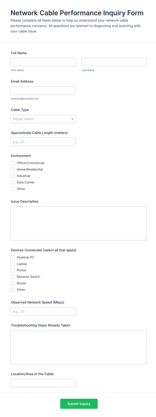 Network Cable Performance Inquiry Form Template