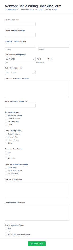 Network Cable Wiring Checklist Form Template