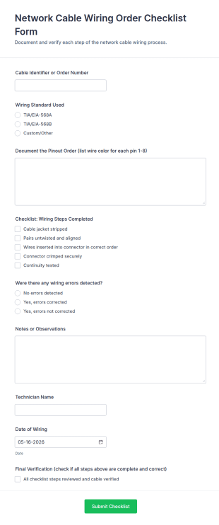 Network Cable Wiring Order Checklist Form Template