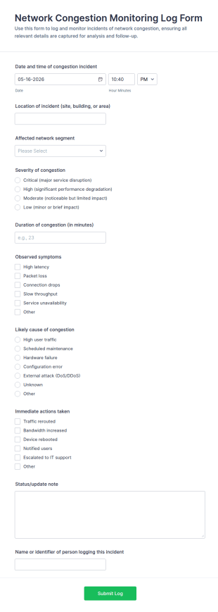 Network Congestion Monitoring Log Form Template