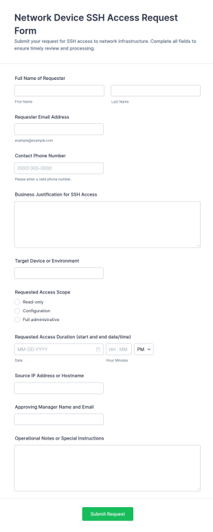 Network Device SSH Access Request Form Template