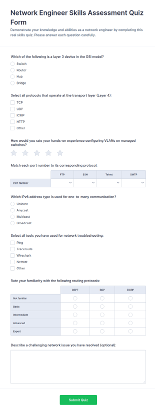 Network Engineer Skills Assessment Quiz Form Template