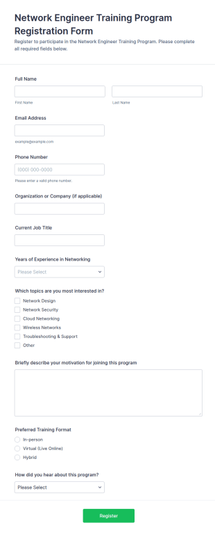 Network Engineer Training Program Registration Form Template