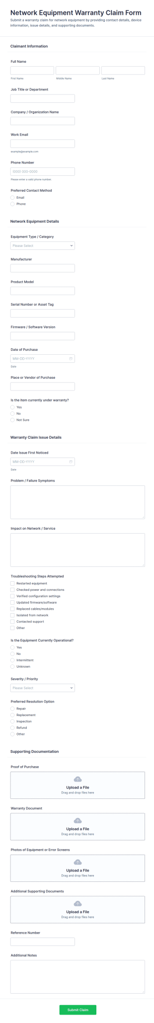 Network Equipment Warranty Claim Form Template