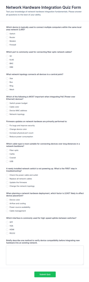 Network Hardware Integration Quiz Form Template