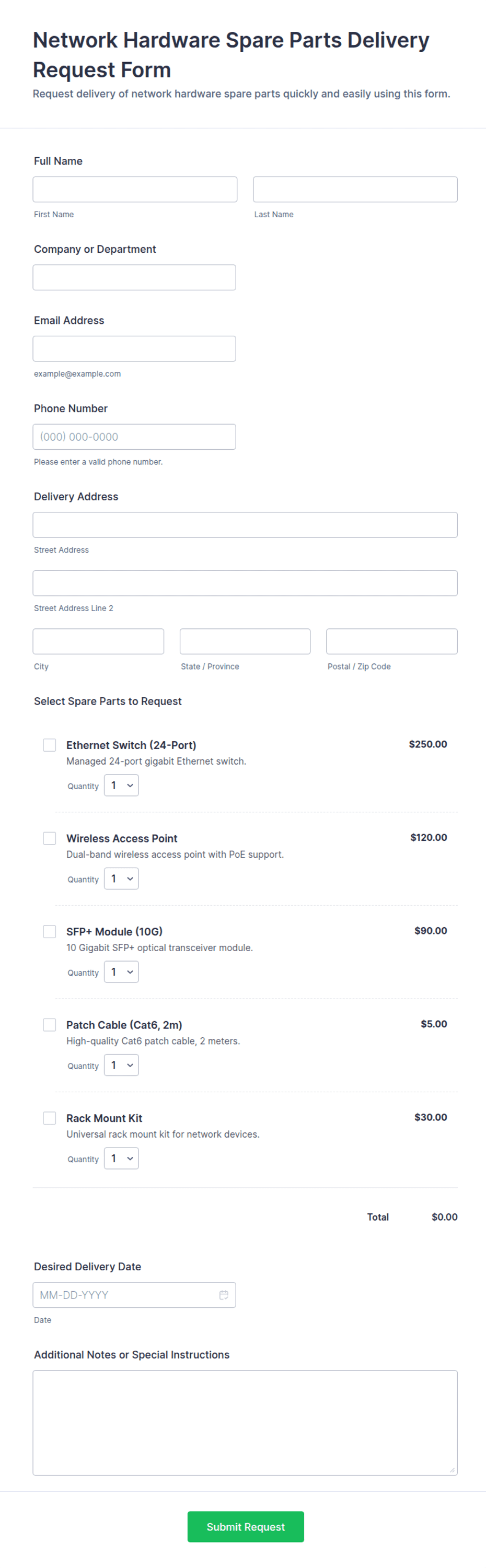 Network Hardware Spare Parts Delivery Request Form Template | Jotform