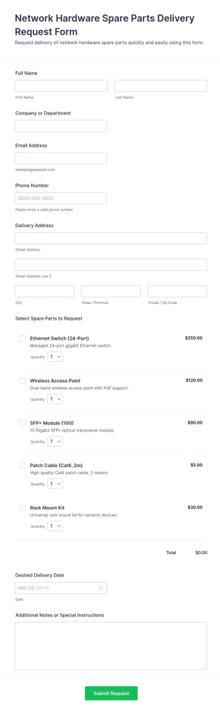 Network Hardware Spare Parts Delivery Request Form Template