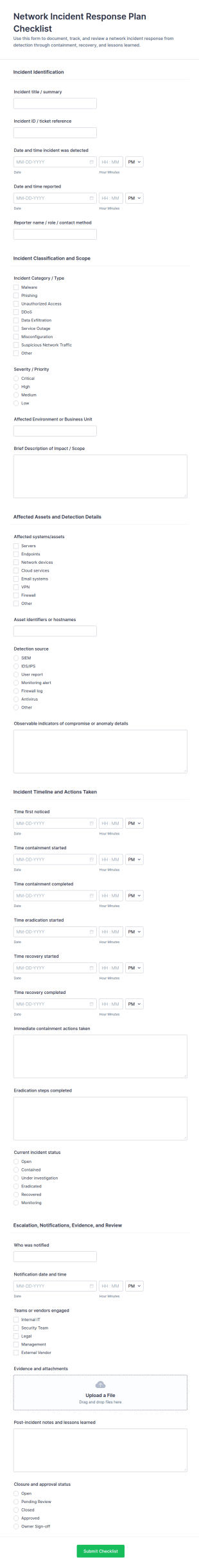 Network Incident Response Plan Checklist Form Template