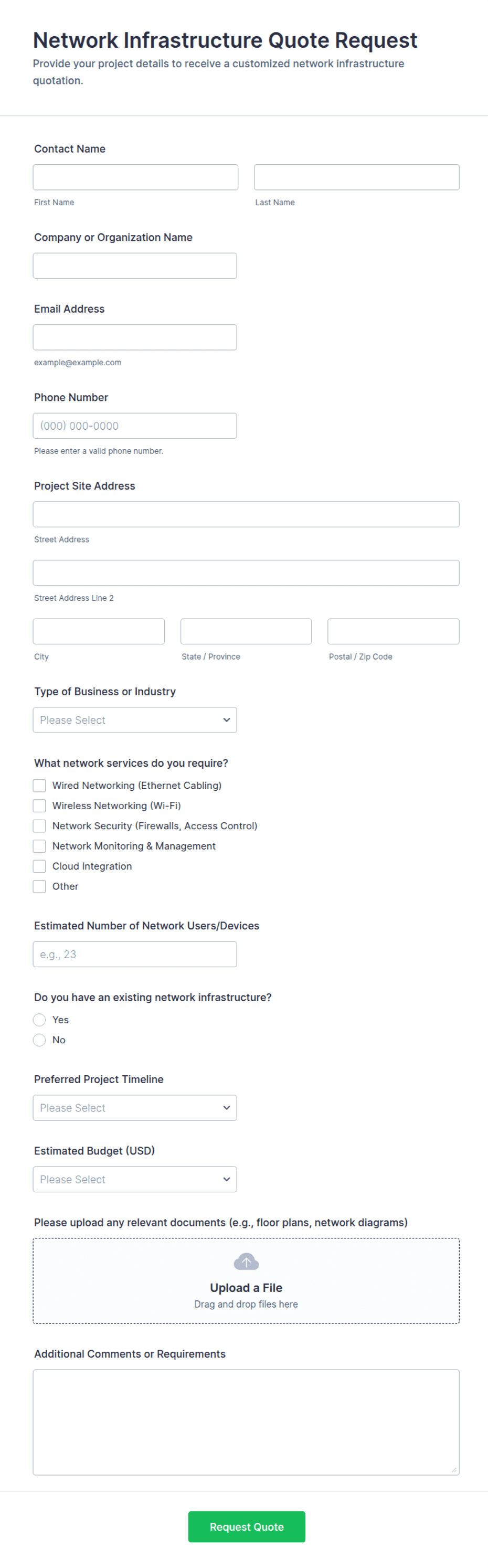 Network Infrastructure Quote Request Form Template | Jotform