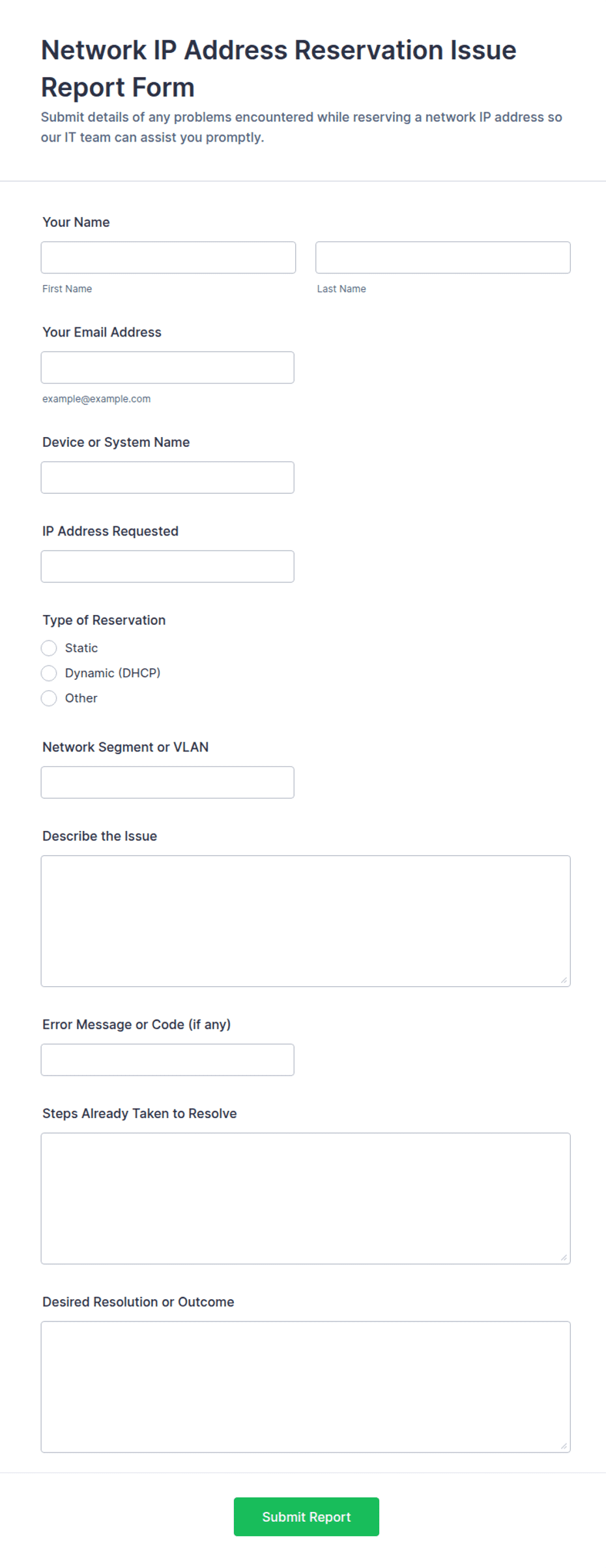 Network IP Address Reservation Issue Report Form Template | Jotform