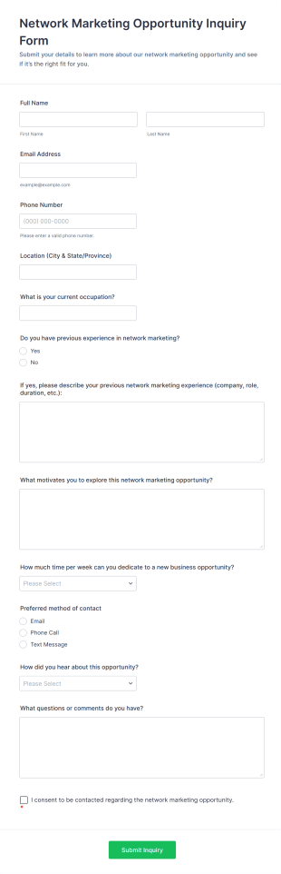 Network Marketing Opportunity Inquiry Form Template