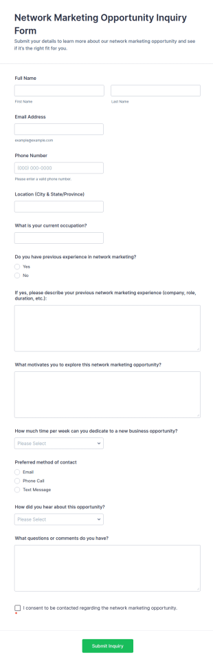 Network Marketing Opportunity Inquiry Form Template