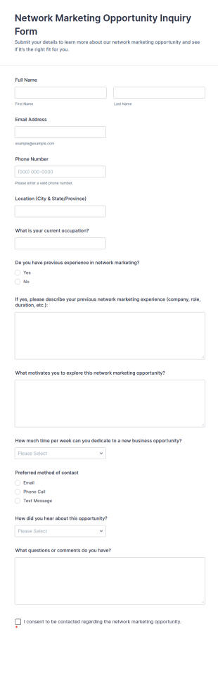 Network Marketing Opportunity Inquiry Form Template