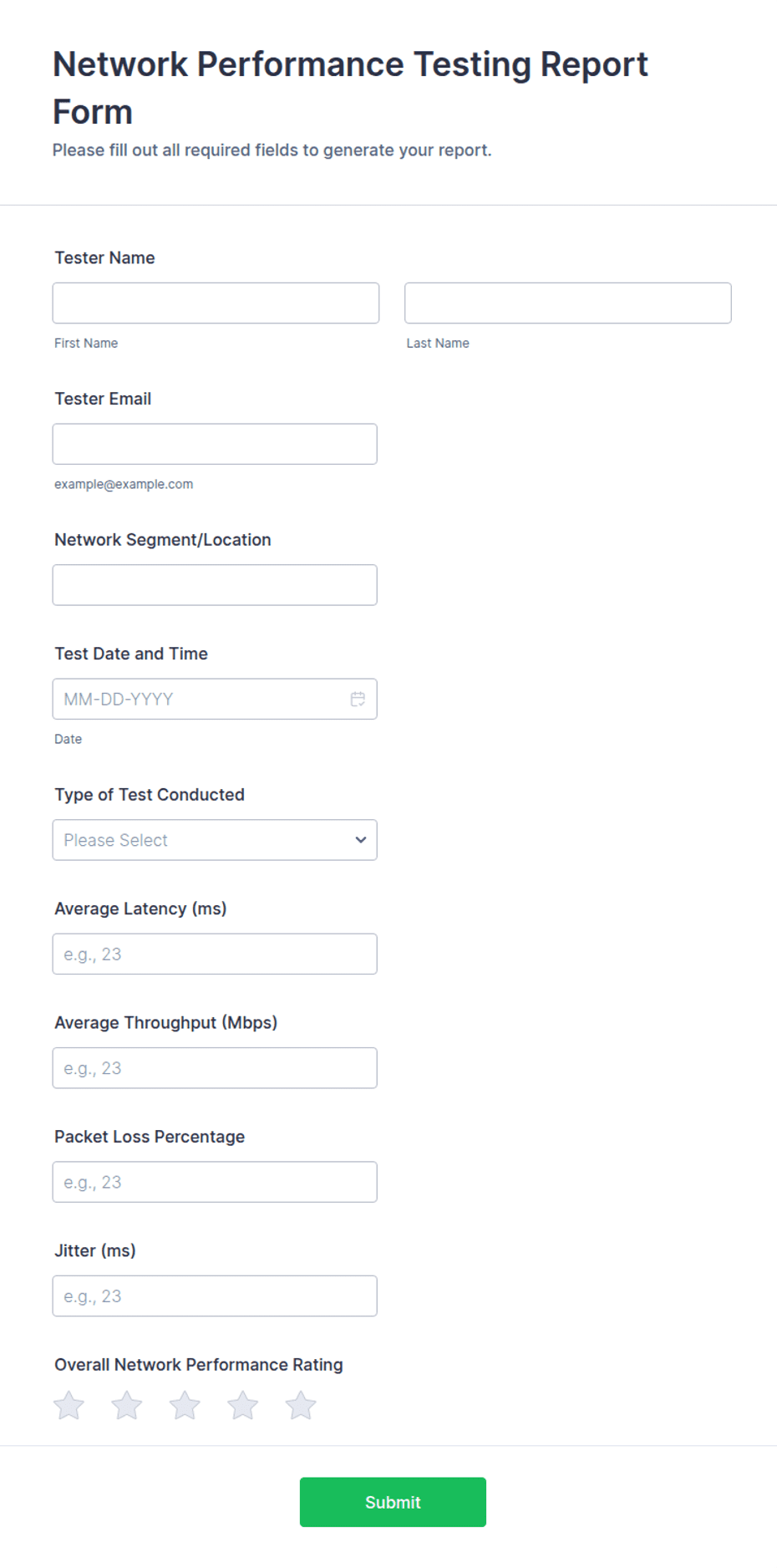 Network Performance Testing Report Form Template | Jotform