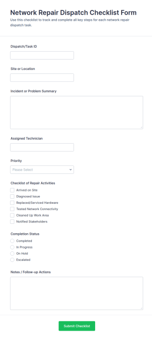 Network Repair Dispatch Checklist Form Template