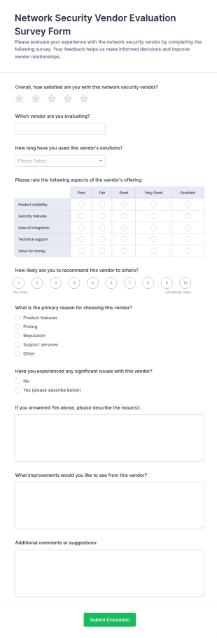 Network Security Vendor Evaluation Survey Form Template