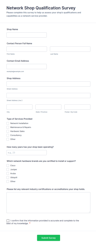 Network Shop Qualification Survey Form Template