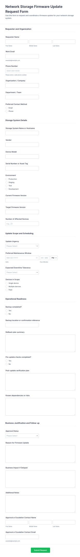 Network Storage Firmware Update Request Form Template
