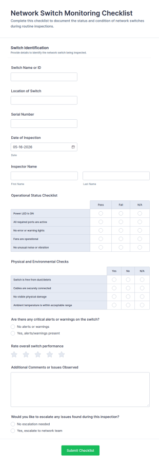Network Switch Monitoring Checklist Form Template
