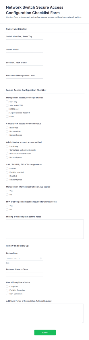 Network Switch Secure Access Configuration Checklist Form Template